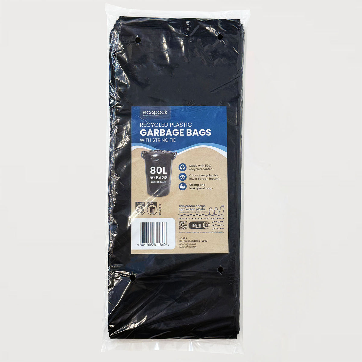 Ecopack 80L XL Recycled Plastic Garbage Bags With String Tie