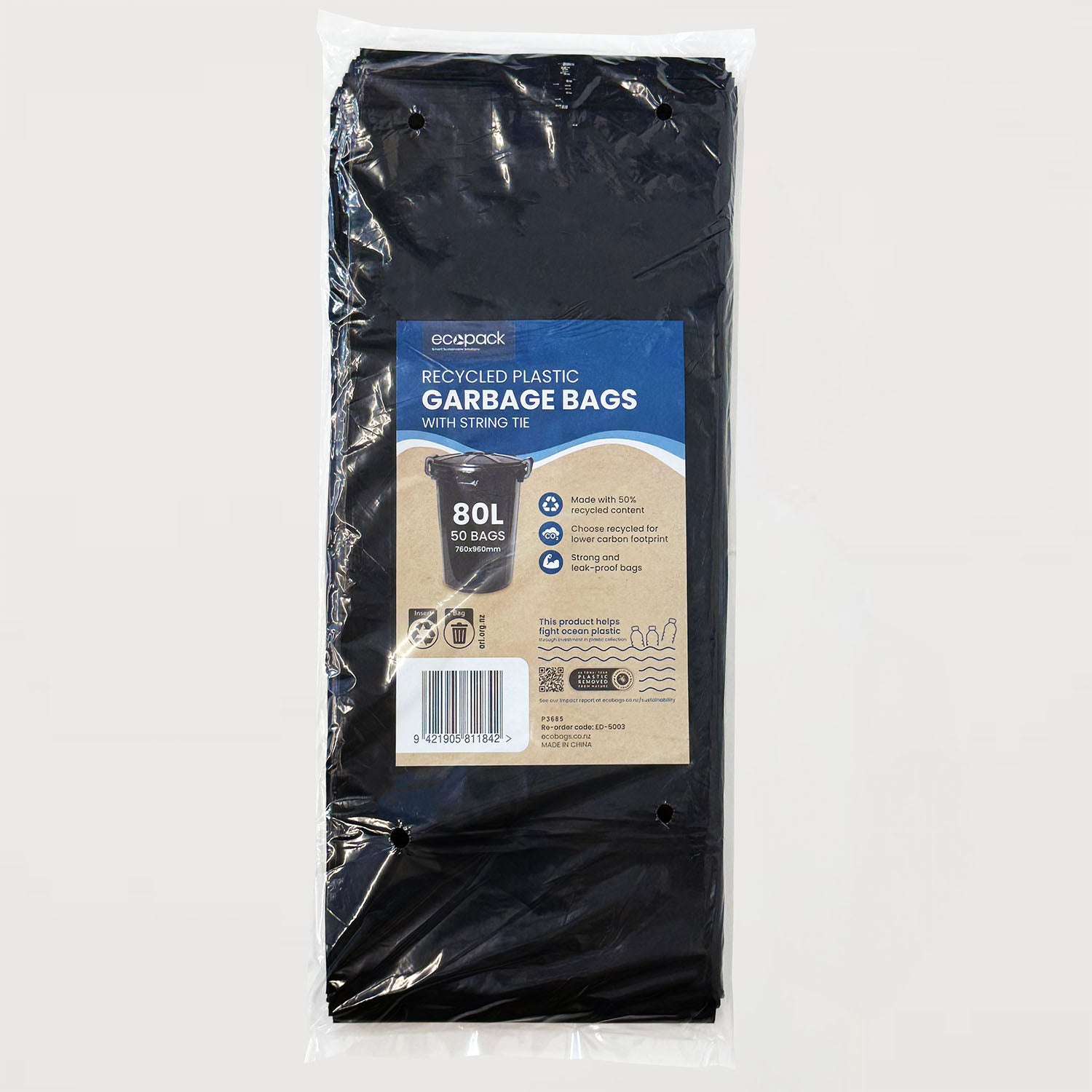 Ecopack 80L XL Recycled Plastic Garbage Bags With String Tie