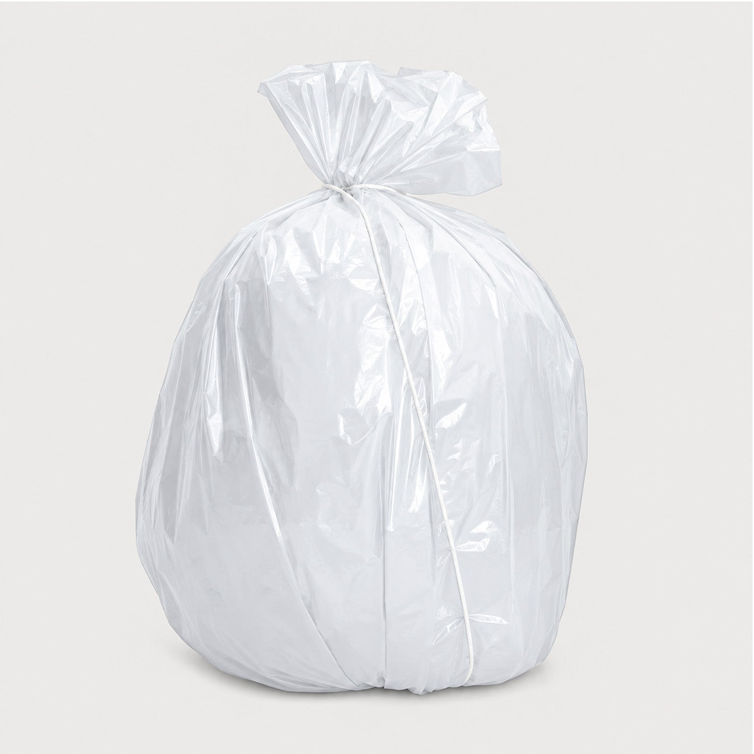 80L white heavy-duty recycled plastic garbage bag with string tie