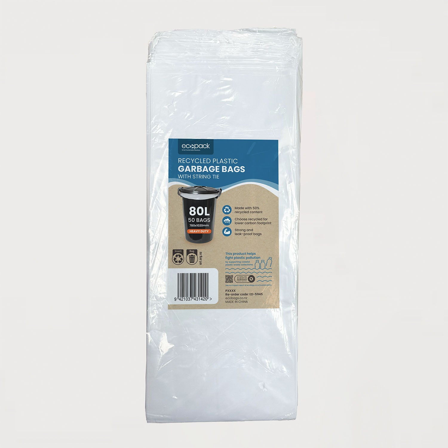 80L white heavy-duty recycled plastic garbage bags with string tie