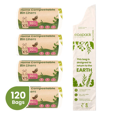 Four rolls of Ecopack 8L home compostable bin liners with one liner shown flat (120 bags)
