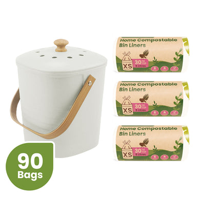Kitchen compost bin set with three rolls of Ecopack 8L home compostable bin liners (90 bags)