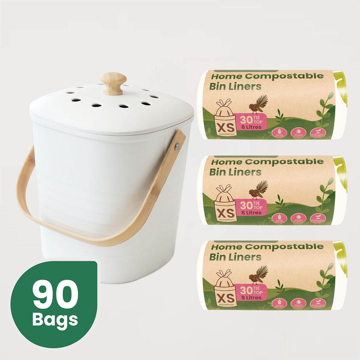 Ecopack 3 Roll Compostable Bin Liners with Compost Bin Caddy Bundle