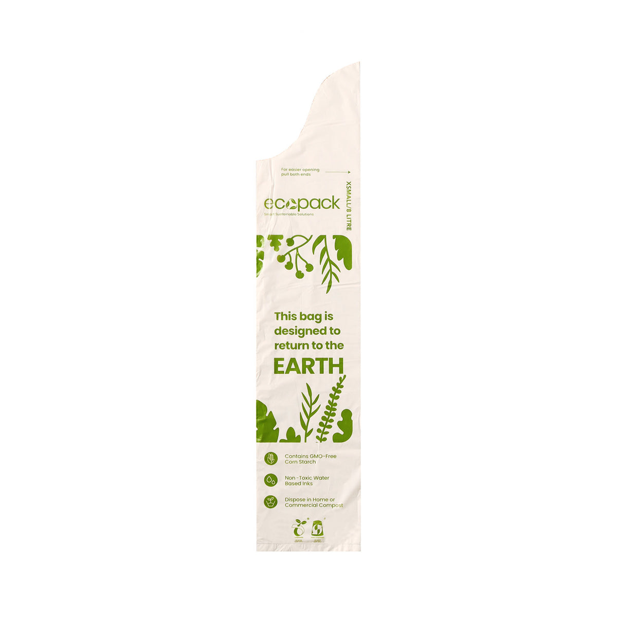 Ecopack 8L compostable bin liner laid flat to show shape and seams