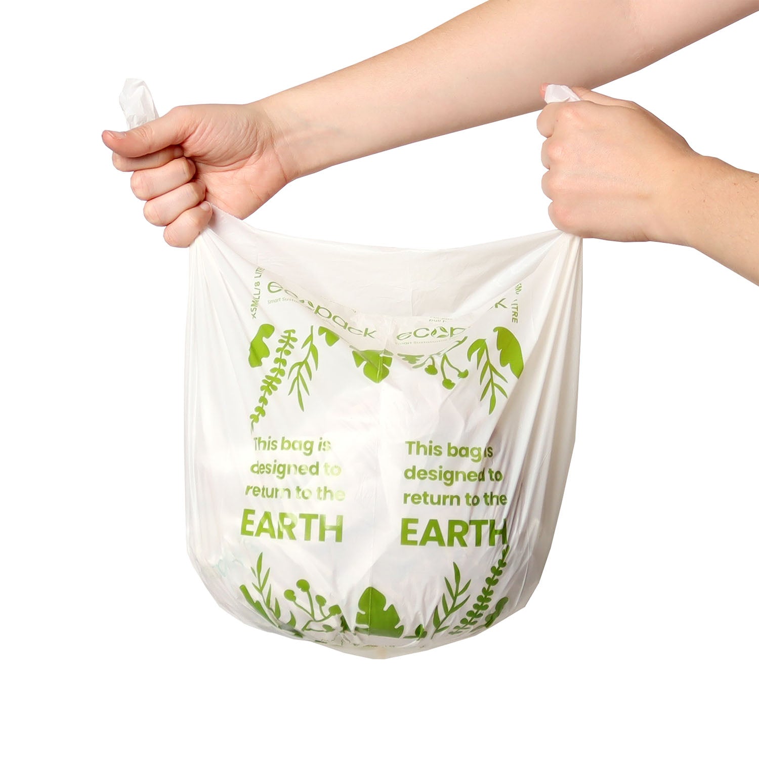 Hand holding an Ecopack 8L compostable bin liner to show size and thickness