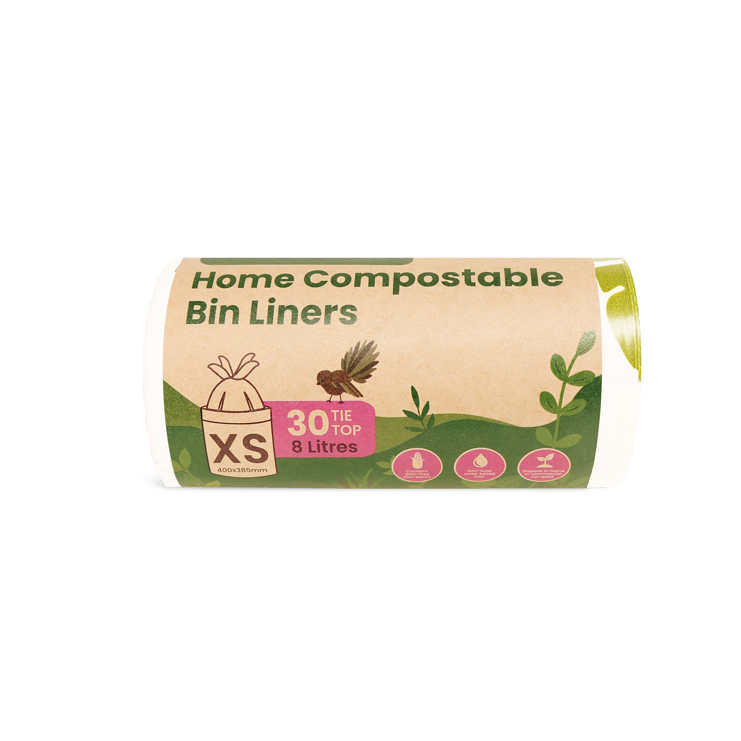 Ecopack 8L compostable bin liners roll laid horizontally on a clean background