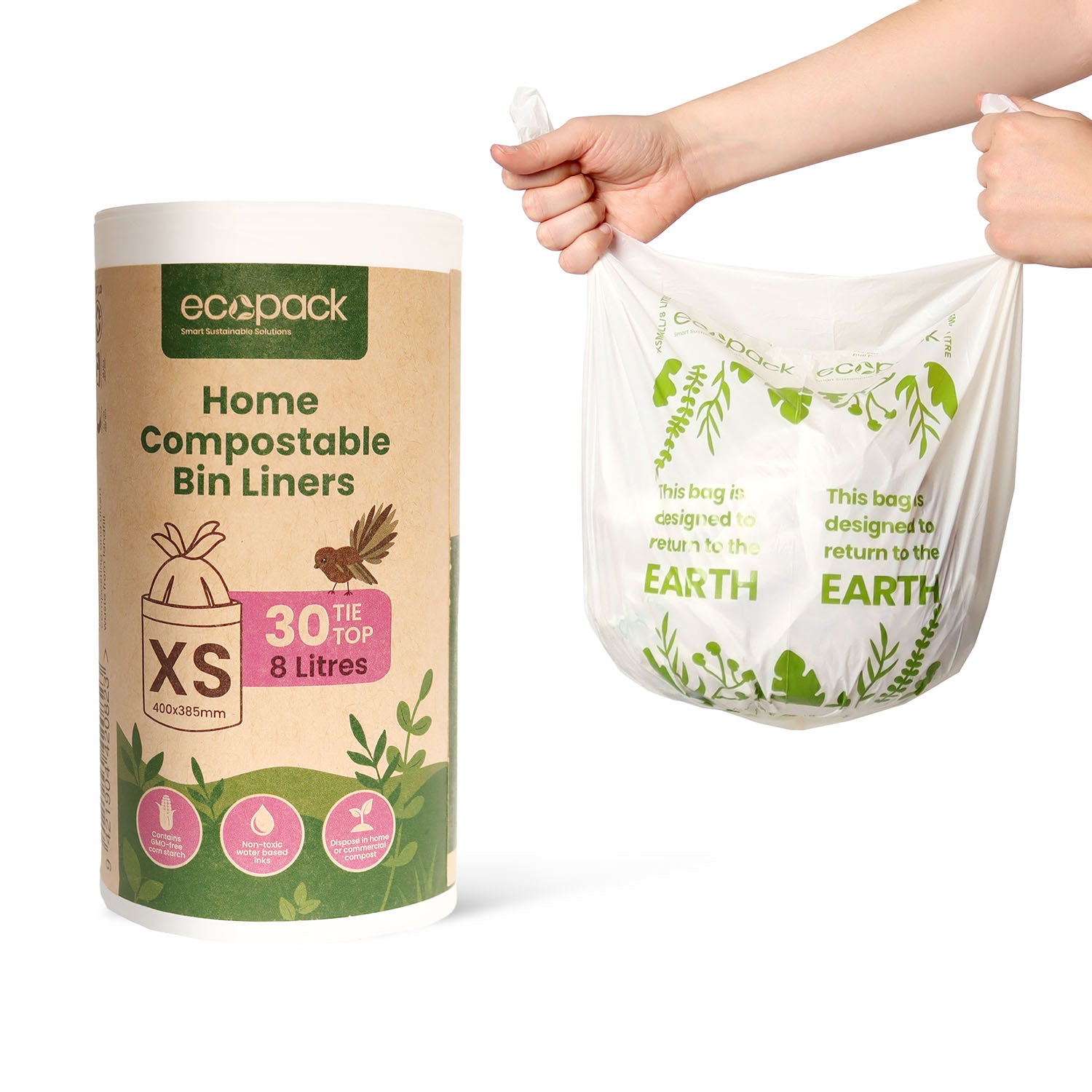 Ecopack 8L home compostable bin liners roll with hands holding liner open