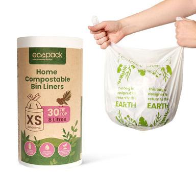 Ecopack 8L home compostable bin liners roll with hands holding liner open