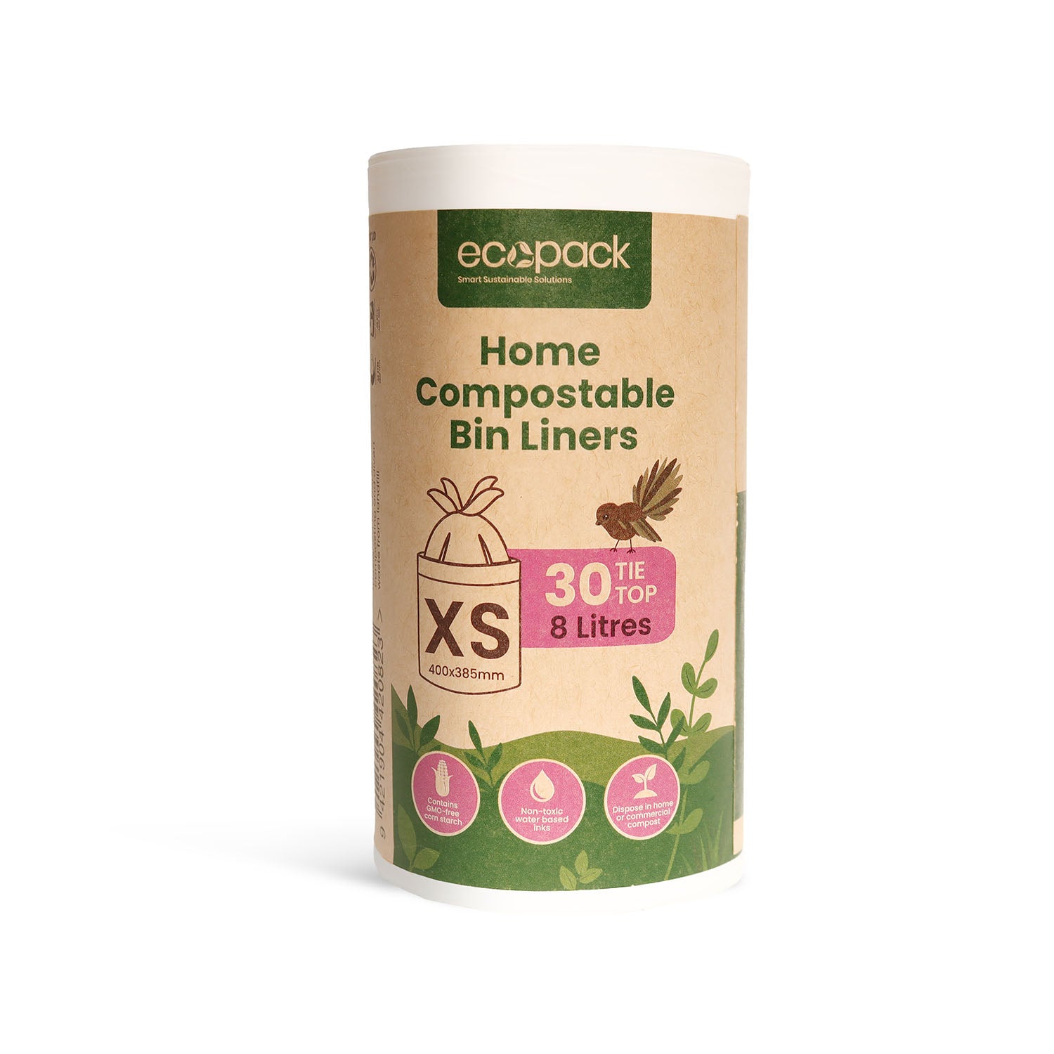 Ecopack 8L compostable bin liners roll standing vertically