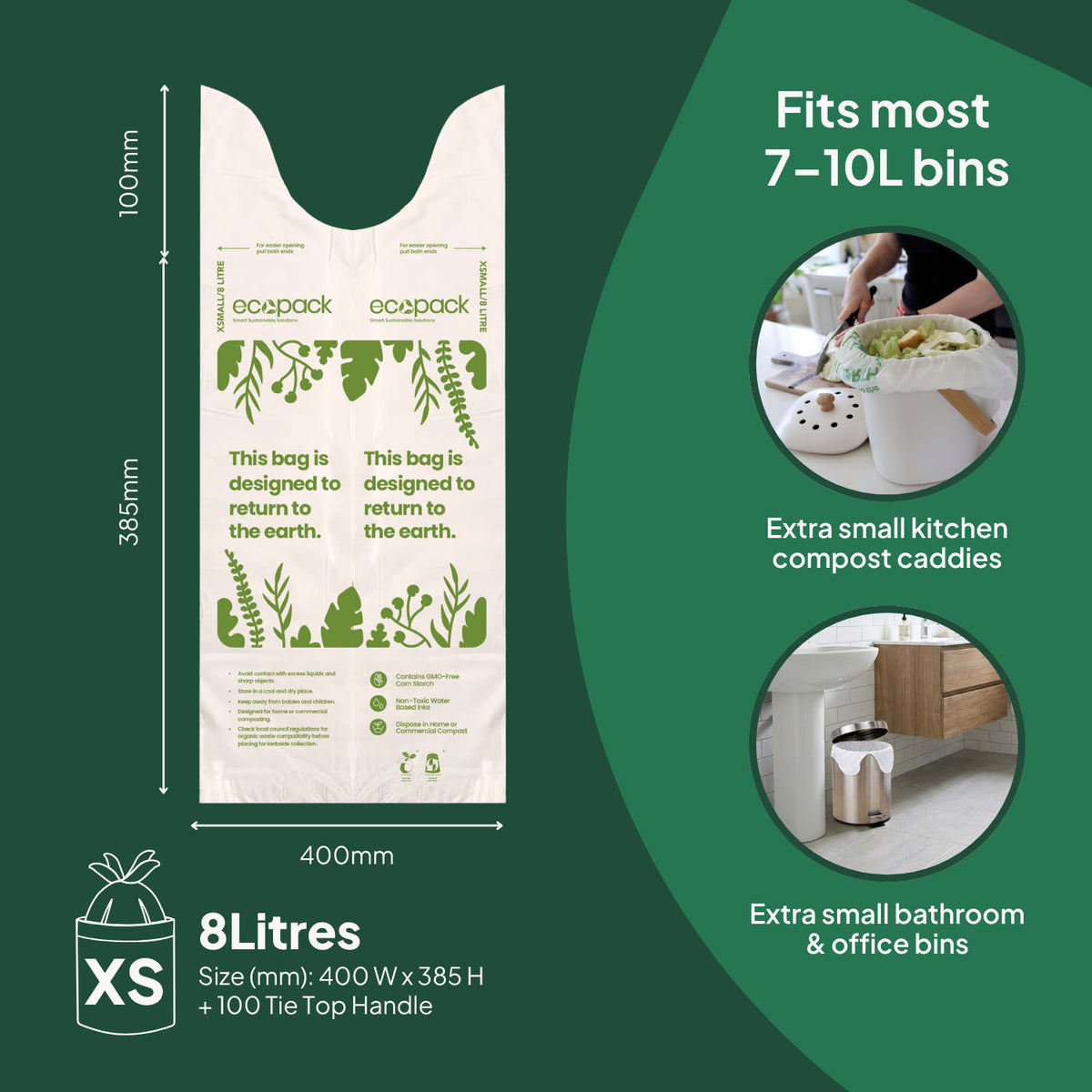 Ecopack 8L Compostable Bin Liners Roll Bag Size