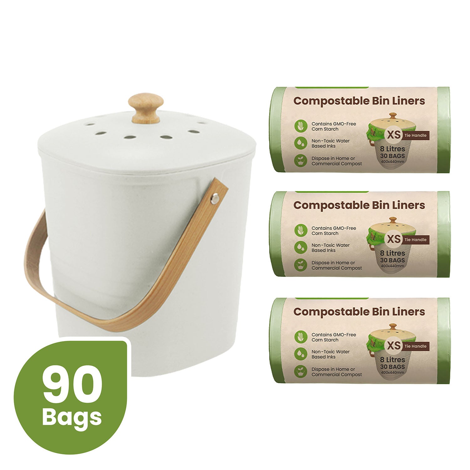 Ecopack Compost Bin Set: Kitchen Compost Bin + 8L Green Compostable Bin Liners (3 Rolls/90 Bags)