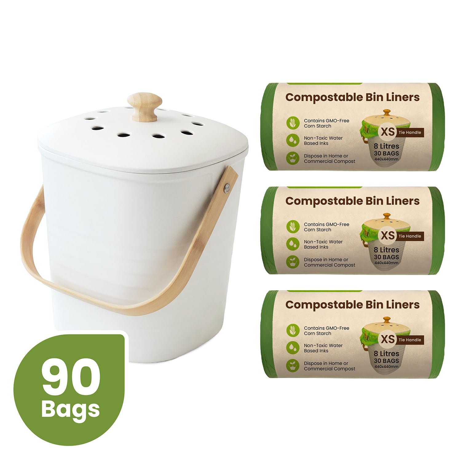 Ecopack Compostable 8L Green Bin Liners 3 Roll Bundle with Countertop Bamboo Kitchen Compost Bin