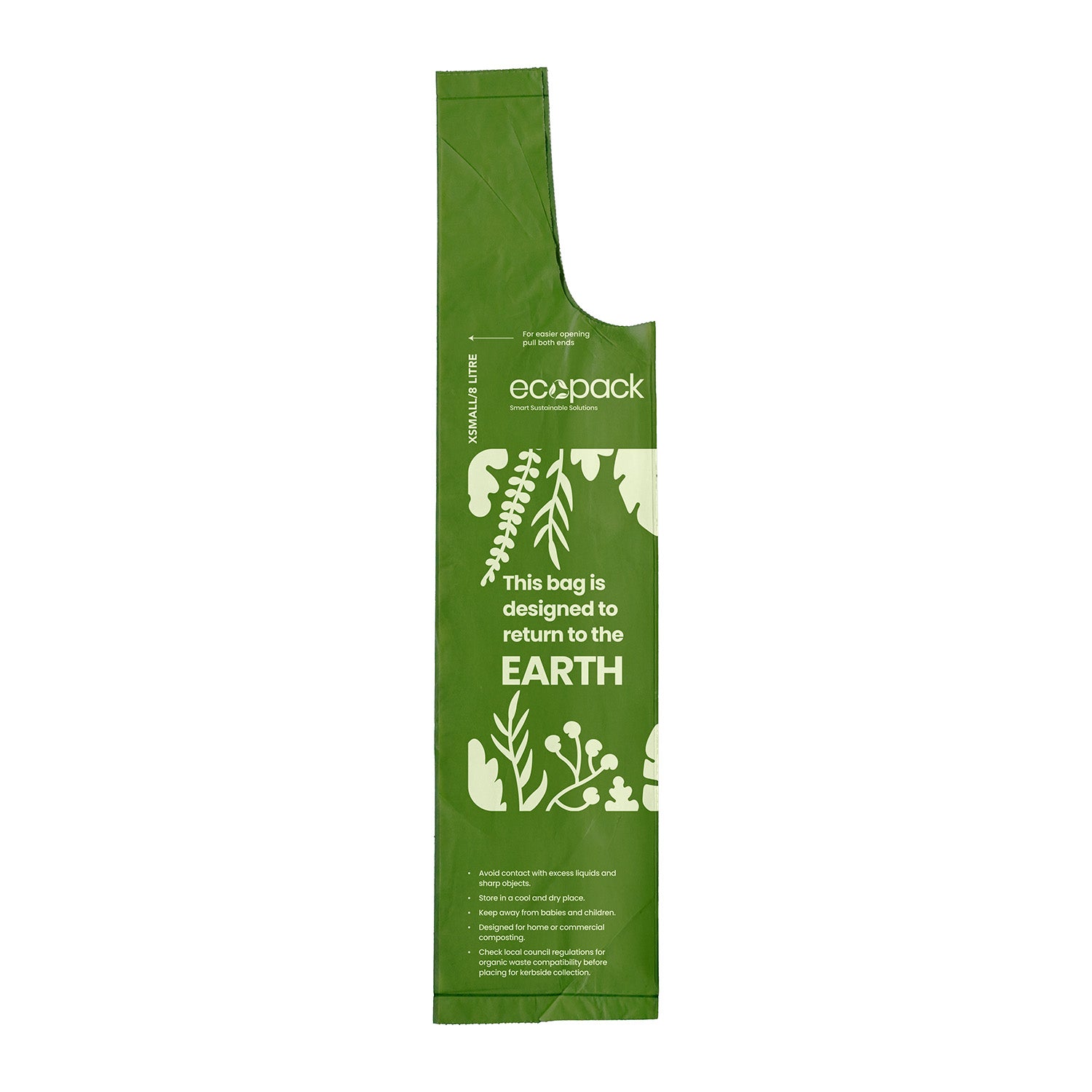 Ecopack 8L green compostable bin liners with tie handle bag laid flat on a white background
