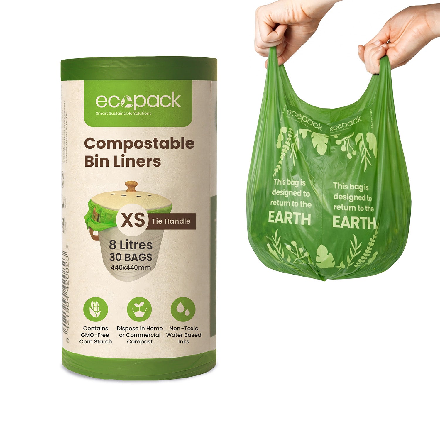 Ecopack 8L green compostable bin liners with tie handle roll standing vertically next to hands holding a bag on a white background 