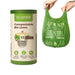 Ecopack 8L green compostable bin liners with tie handle roll standing vertically next to hands holding a bag on a white background 