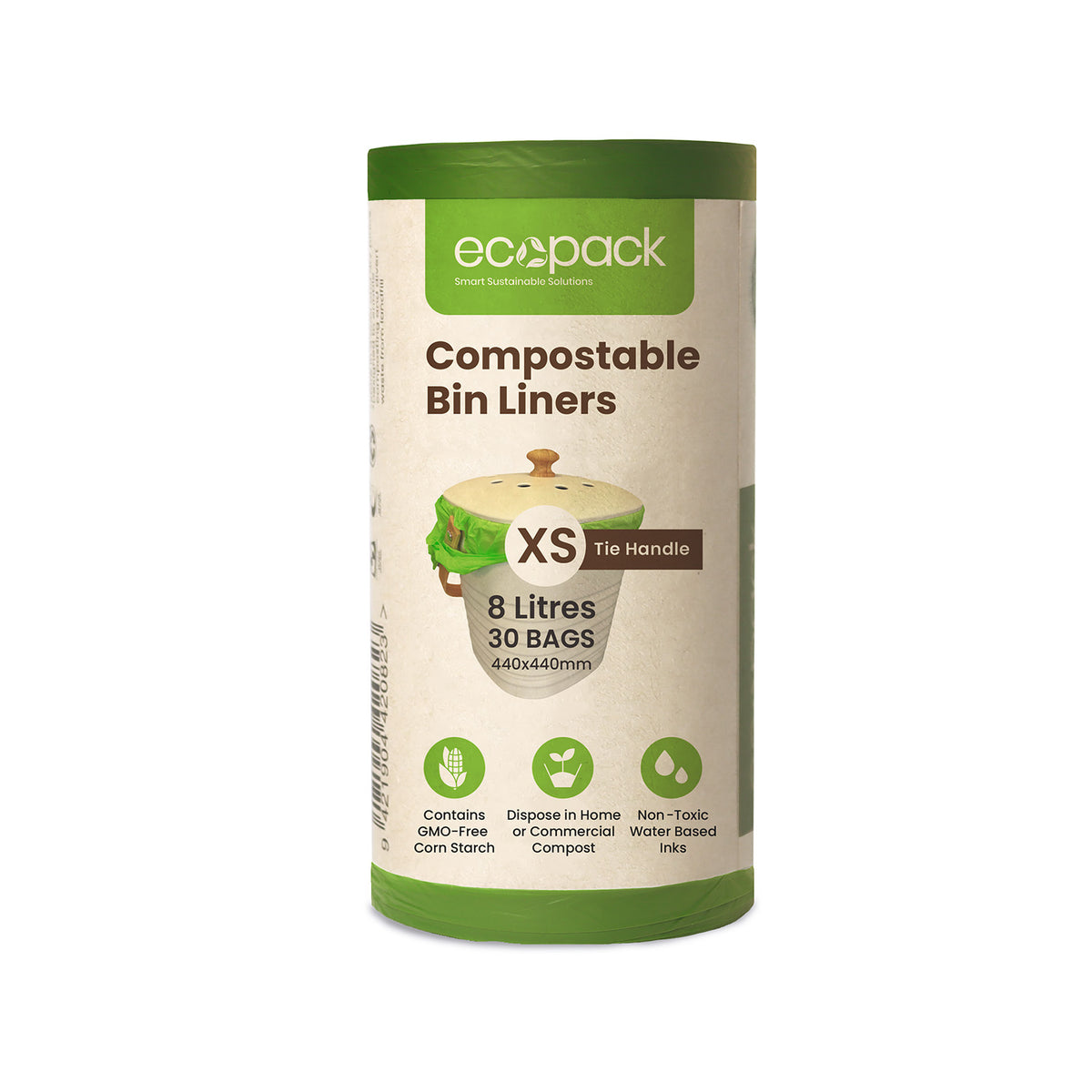 Ecopack 8L green compostable bin liners with tie handle roll standing vertically on a white background