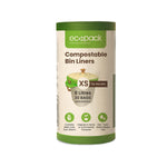 Ecopack 8L green compostable bin liners with tie handle roll standing vertically on a white background