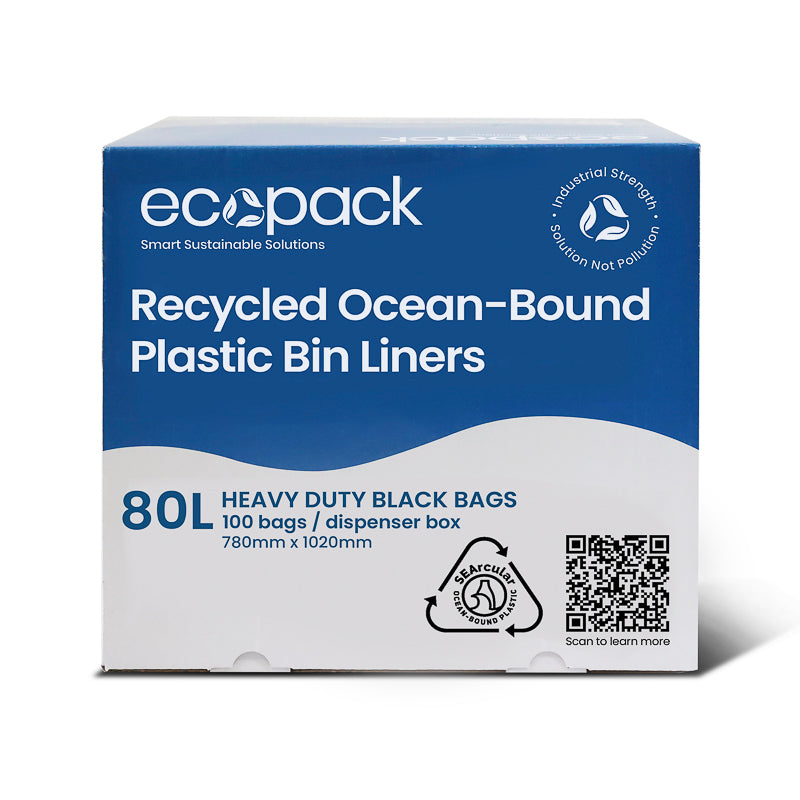 OC-5580 Ocean-Bound Plastic/Recycled 80L Bin Liners in Dispenser Box