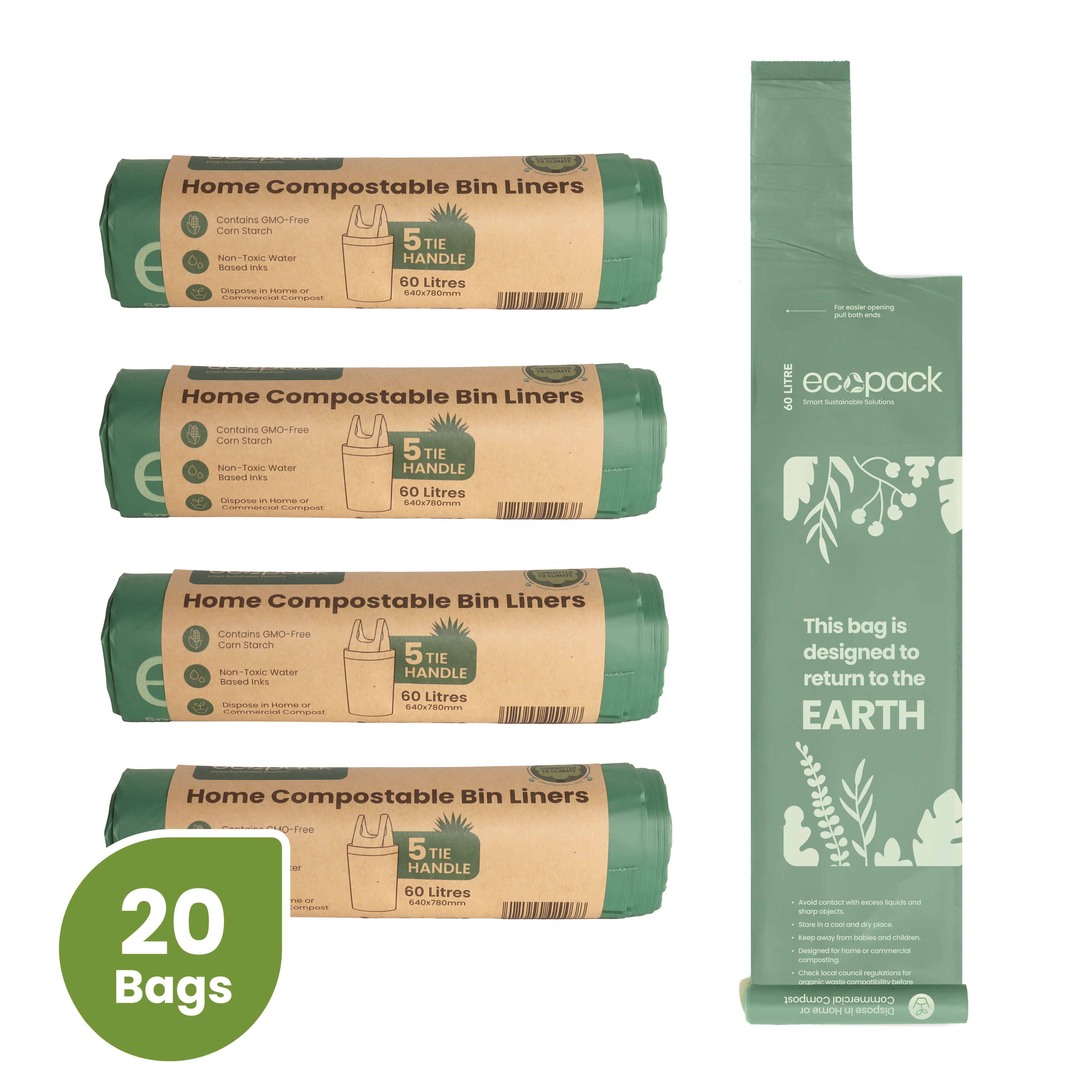 Ecopack 60L XL Compostable Garbage Bags Bundle (4 Rolls/20 Bags)