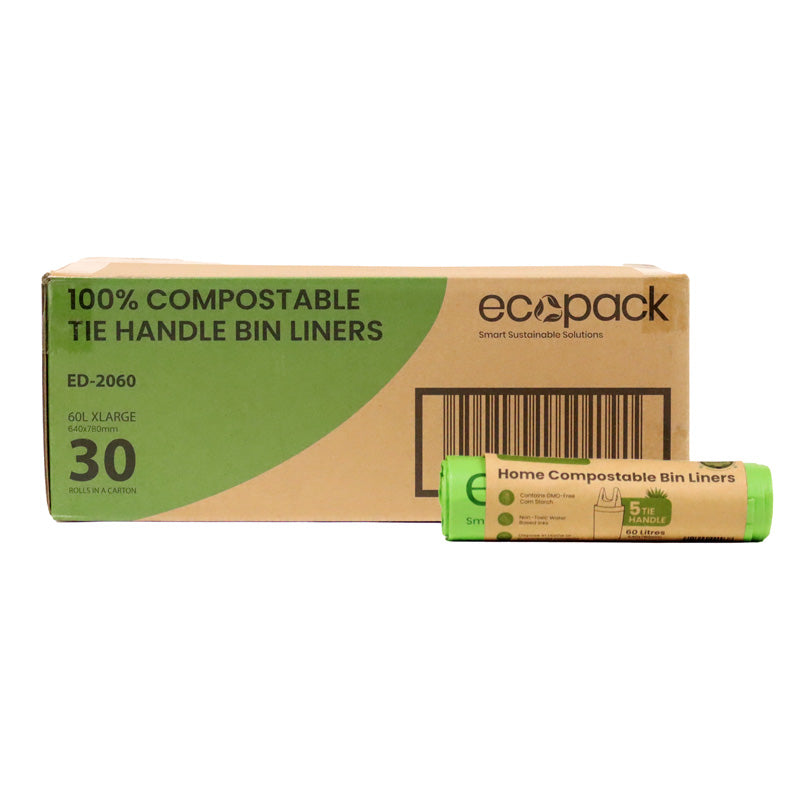 Carton and Roll of Ecopack 60L XL Compostable Bin Liners