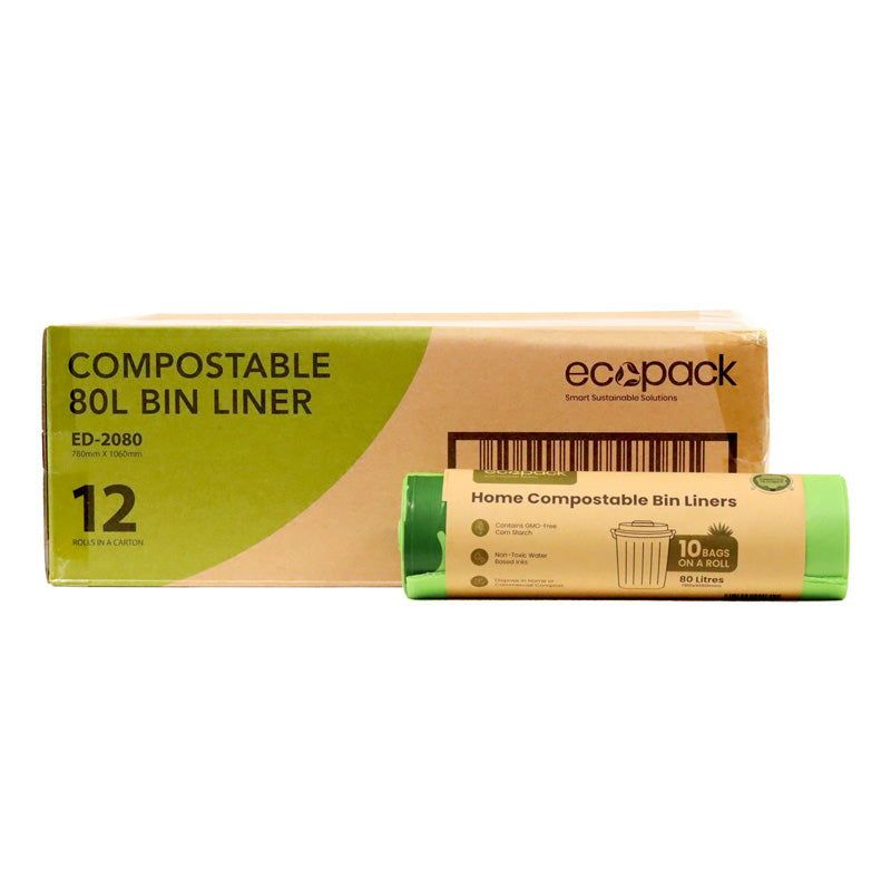 Roll and Carton of Ecopack 80L Compostable Garbage Bags