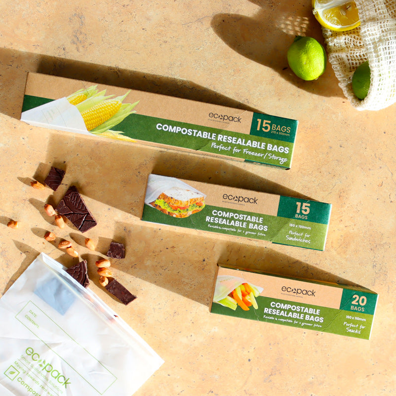 Ecopack Compostable Resealable Food Storage Bags (3 Boxes/50 Bags)