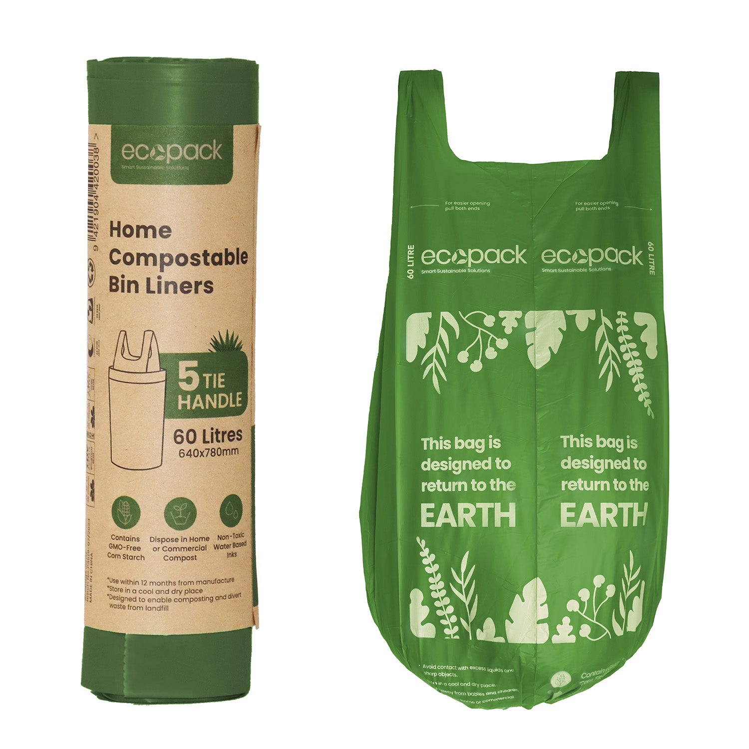 Ecopack 60L Green Compostable Bin Liners Roll and Bag
