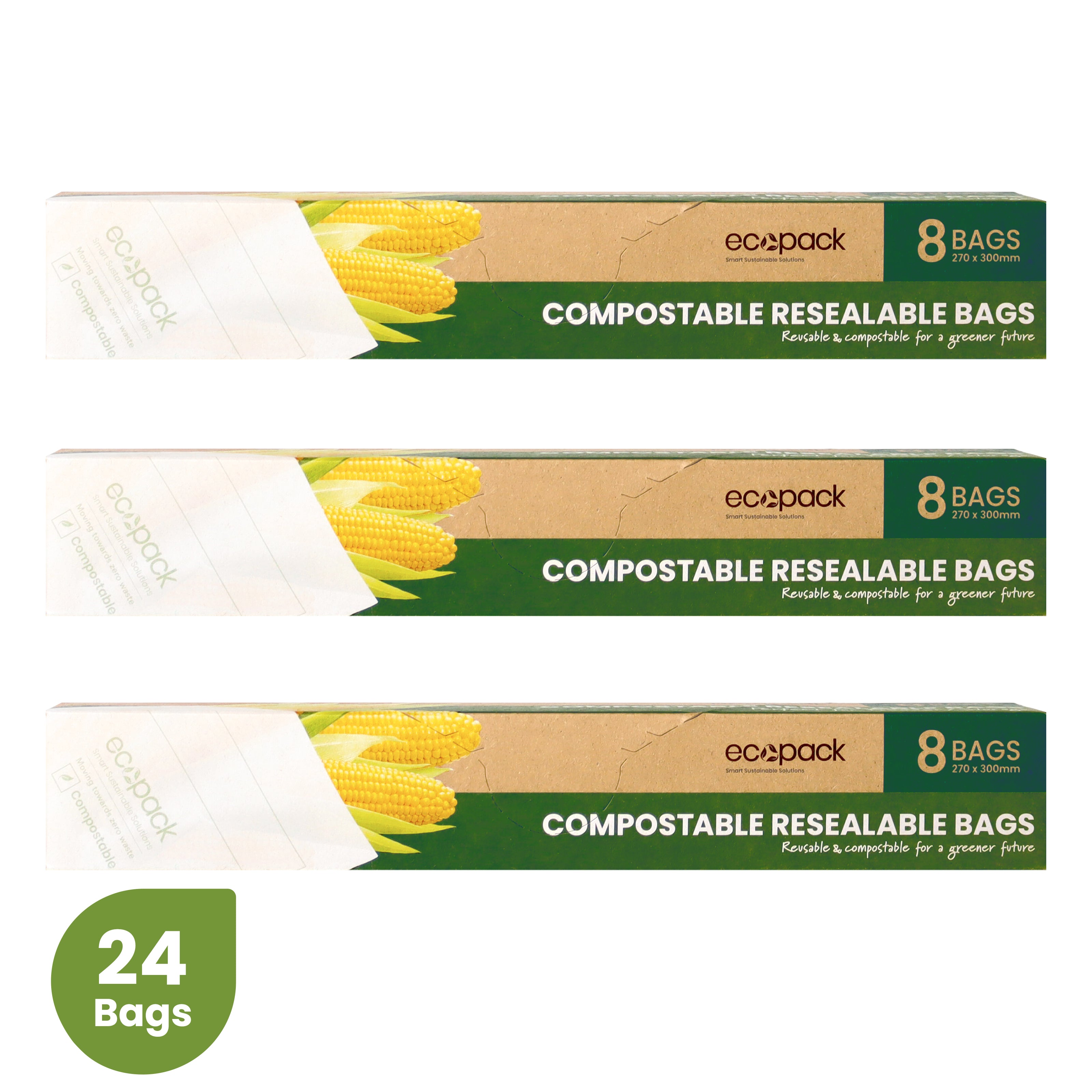 Ecopack Compostable Resealable Storage Bags set ( 3 x 8 ) -24 Bags