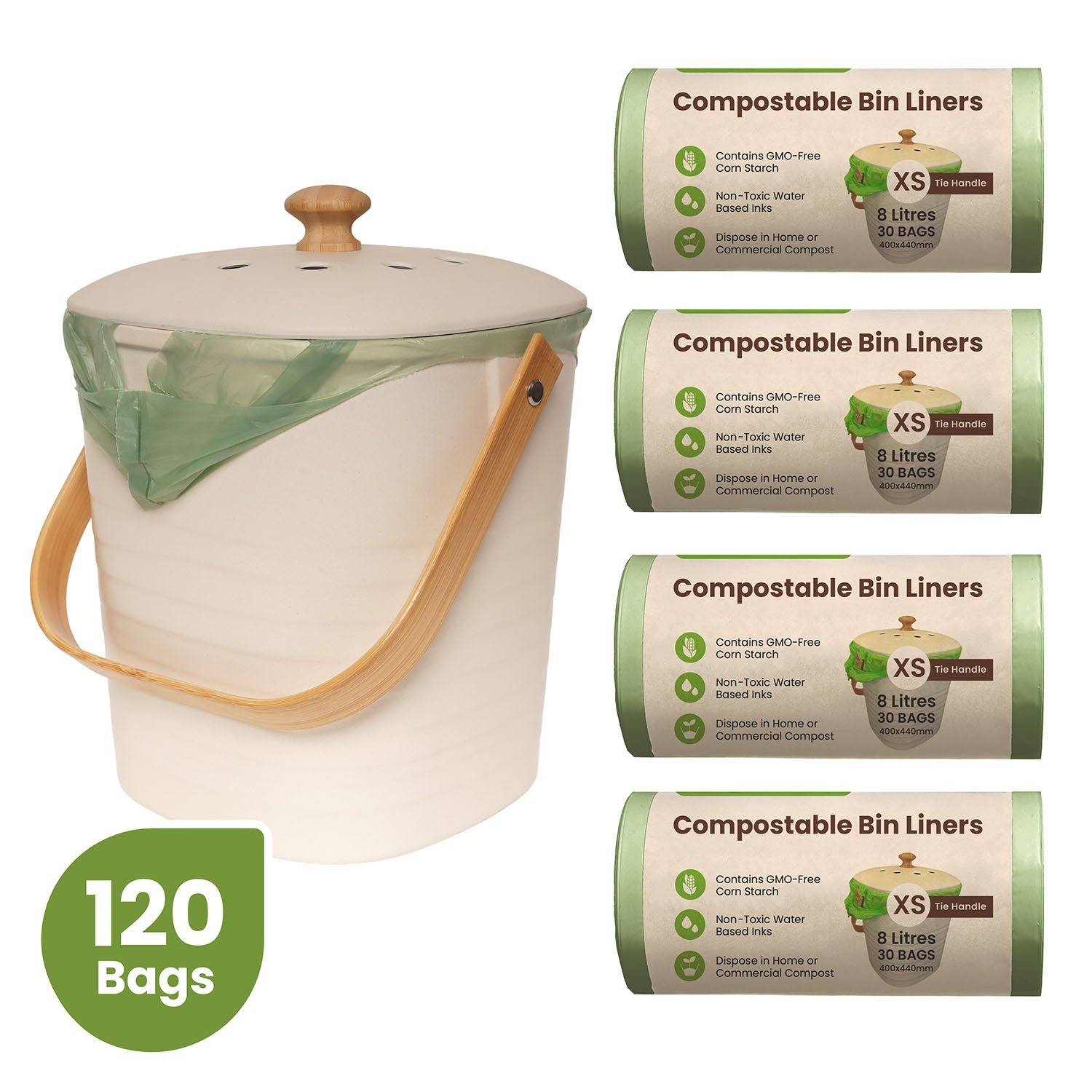 Kitchen compost set with 4 green compostable bin liners rolls