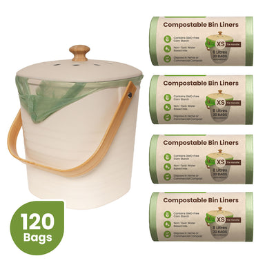 Kitchen compost set with 4 green compostable bin liners rolls