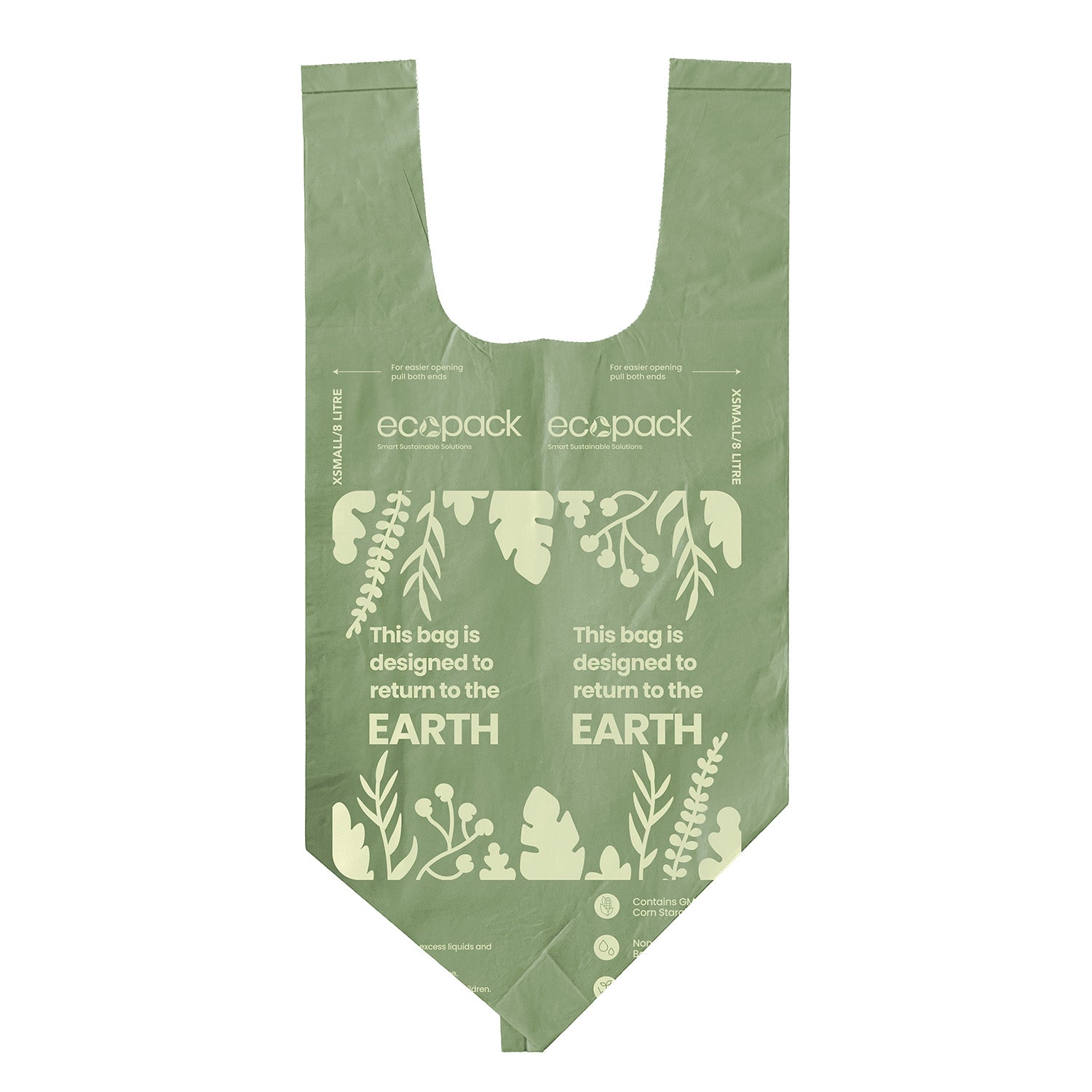 Green compostable bin liner bag with handles