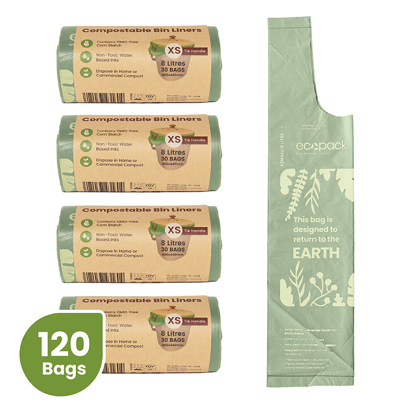Ecopack 8L XS Green Compostable Caddy Liners (4 Rolls/120 Bags)