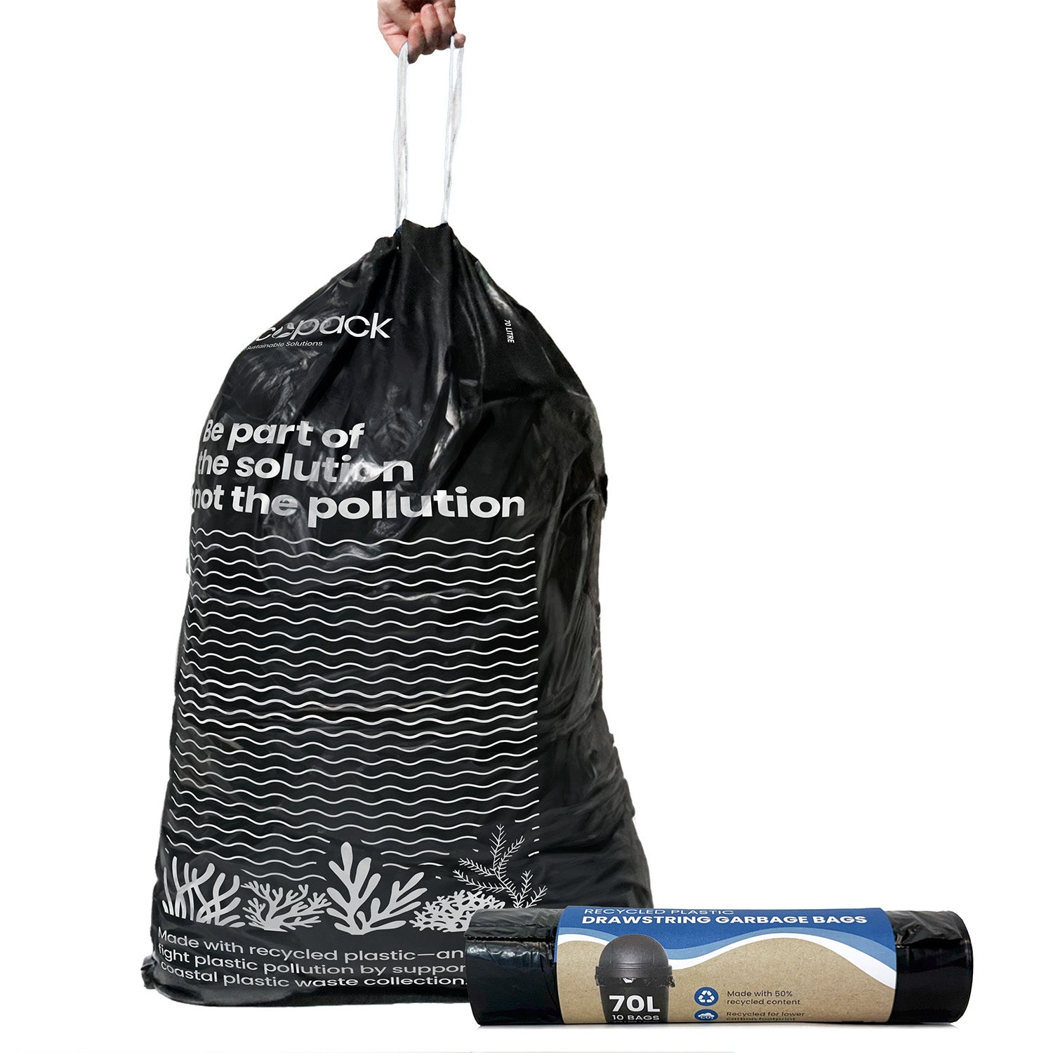 Black drawstring garbage bag with text and a packaging roll on a white background