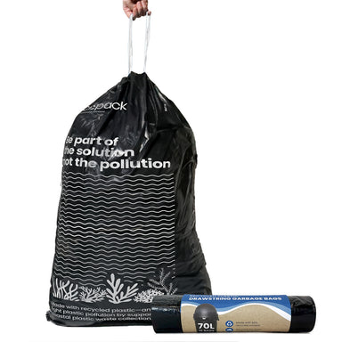 Black drawstring garbage bag with text and a packaging roll on a white background