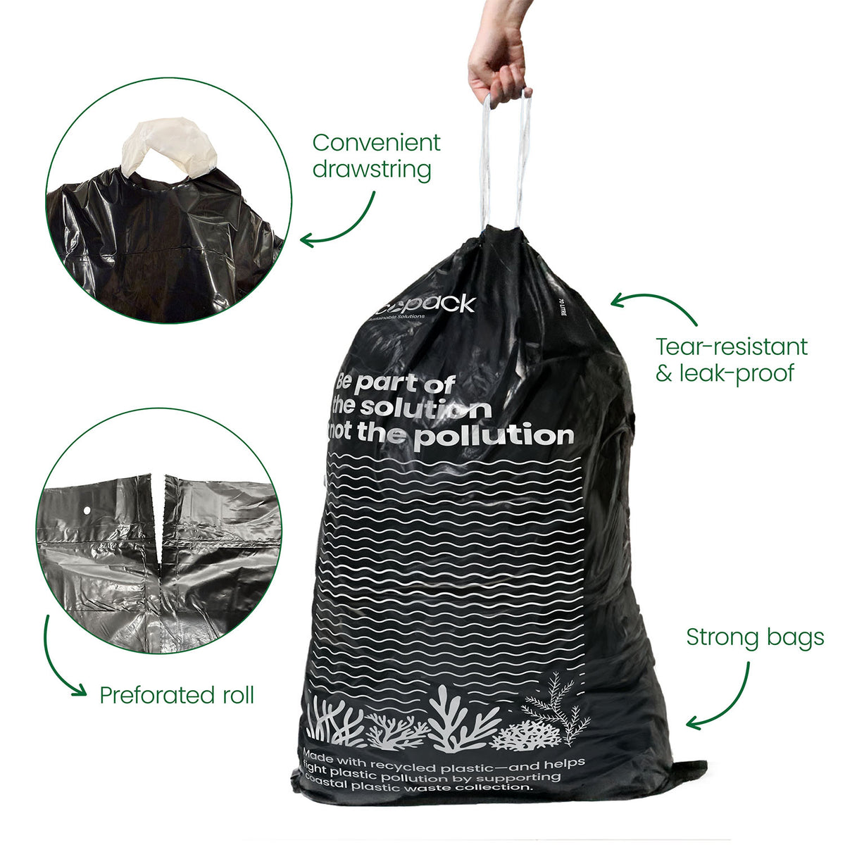 Black drawstring bag with text and graphics on a white background