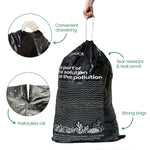 Black drawstring bag with text and graphics on a white background