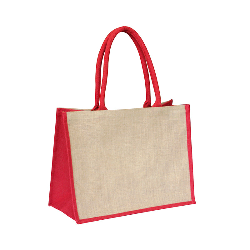 EJ-202 Jute Reusable Shopping Bag - Natural with Red Gusset