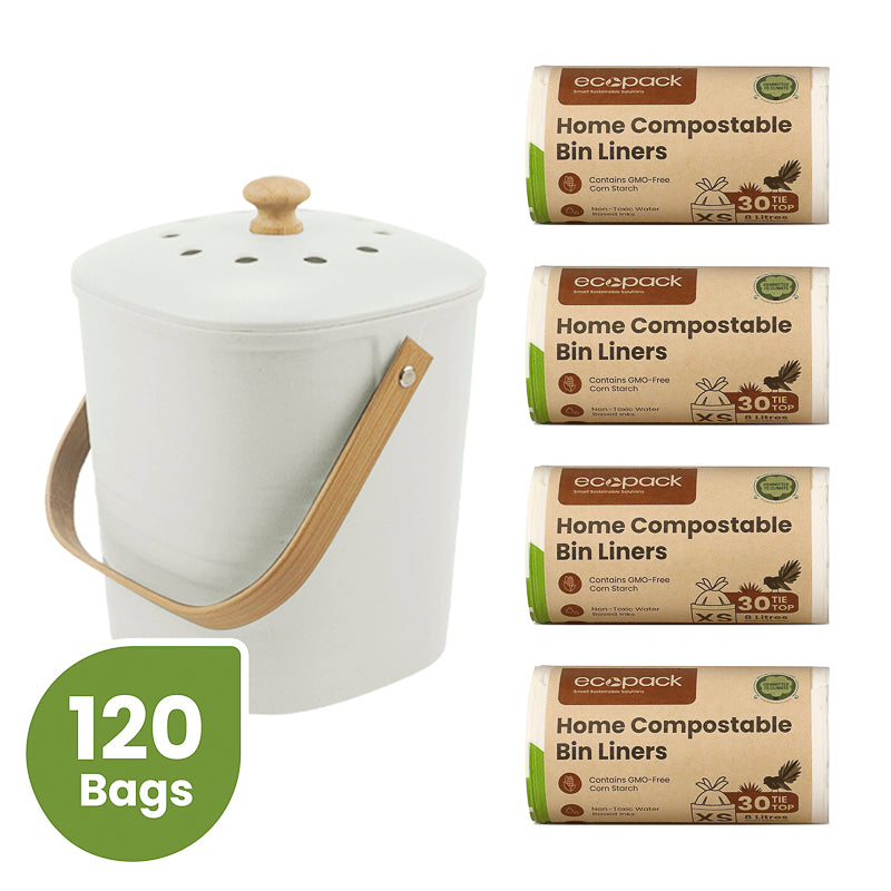 Eco Caddy Set - Bamboo Caddy + 4pcs 8L Compostable/Biodegradable Bin Liners (120 Bags)
