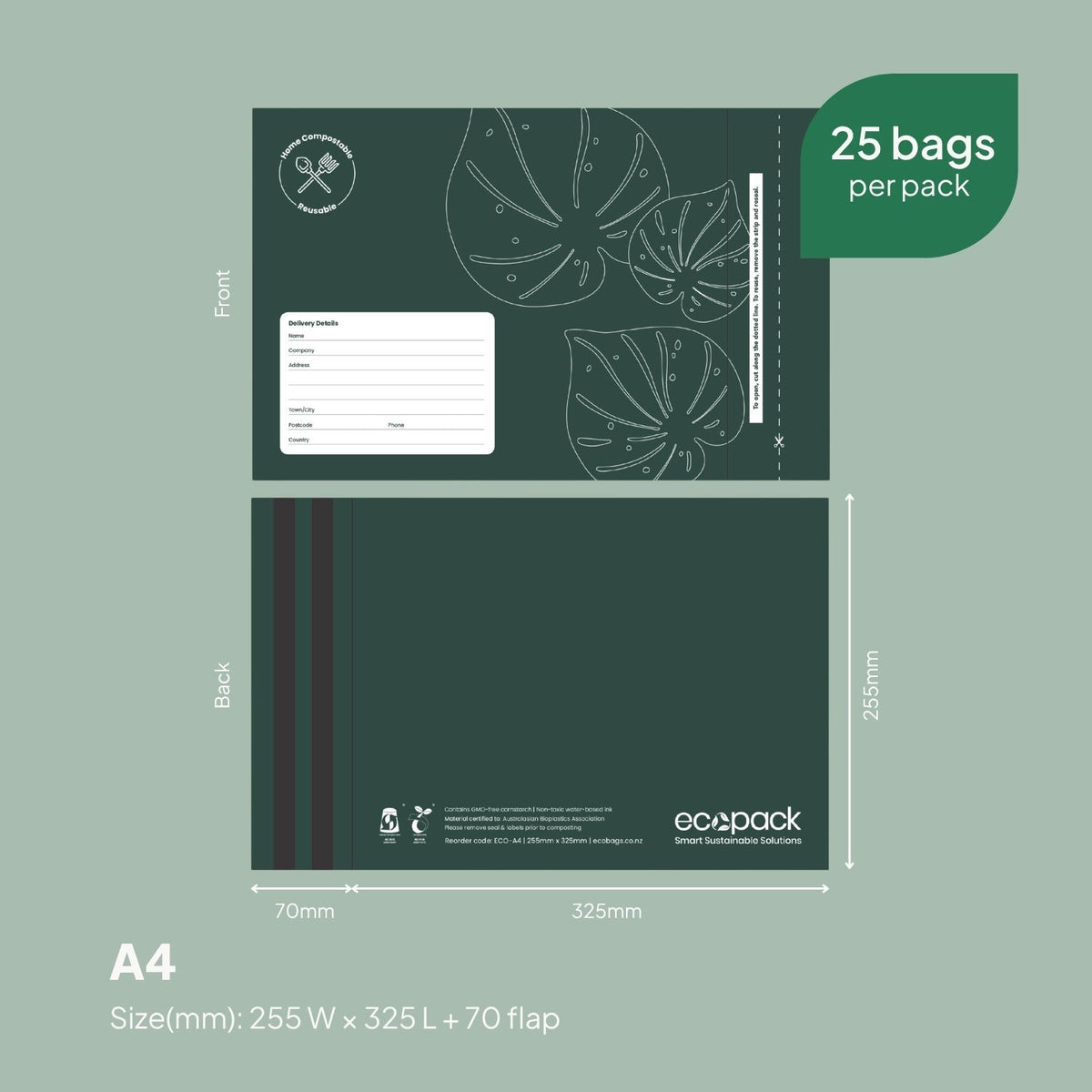 Ecopack A4 Compostable Courier Bags Size