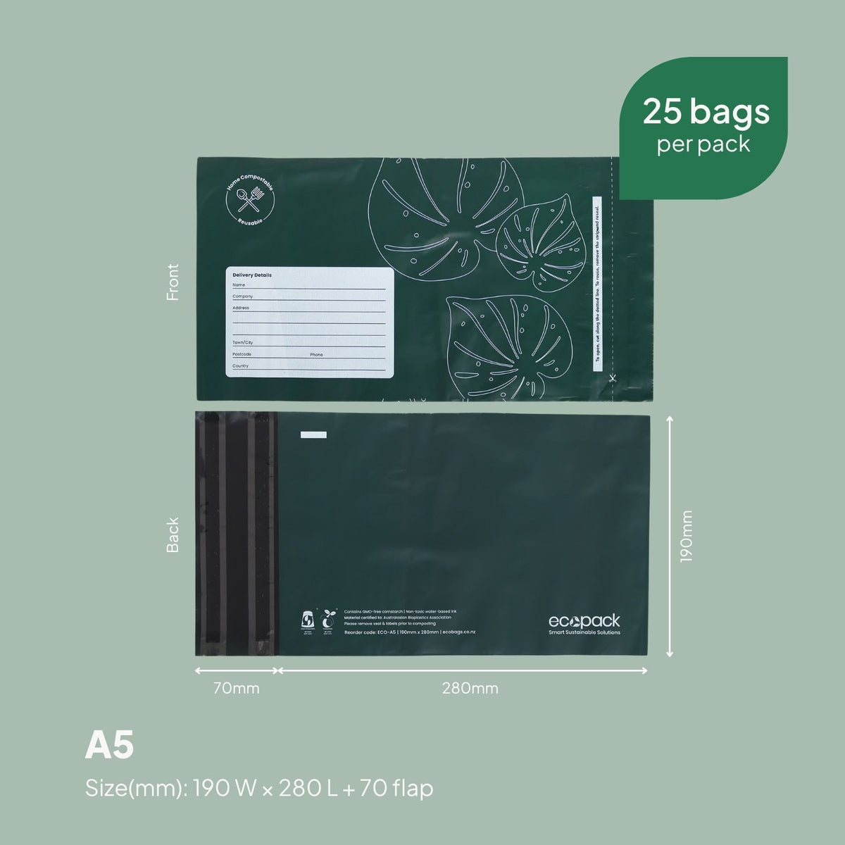 Ecopack A5 Compostable Courier Bags Size