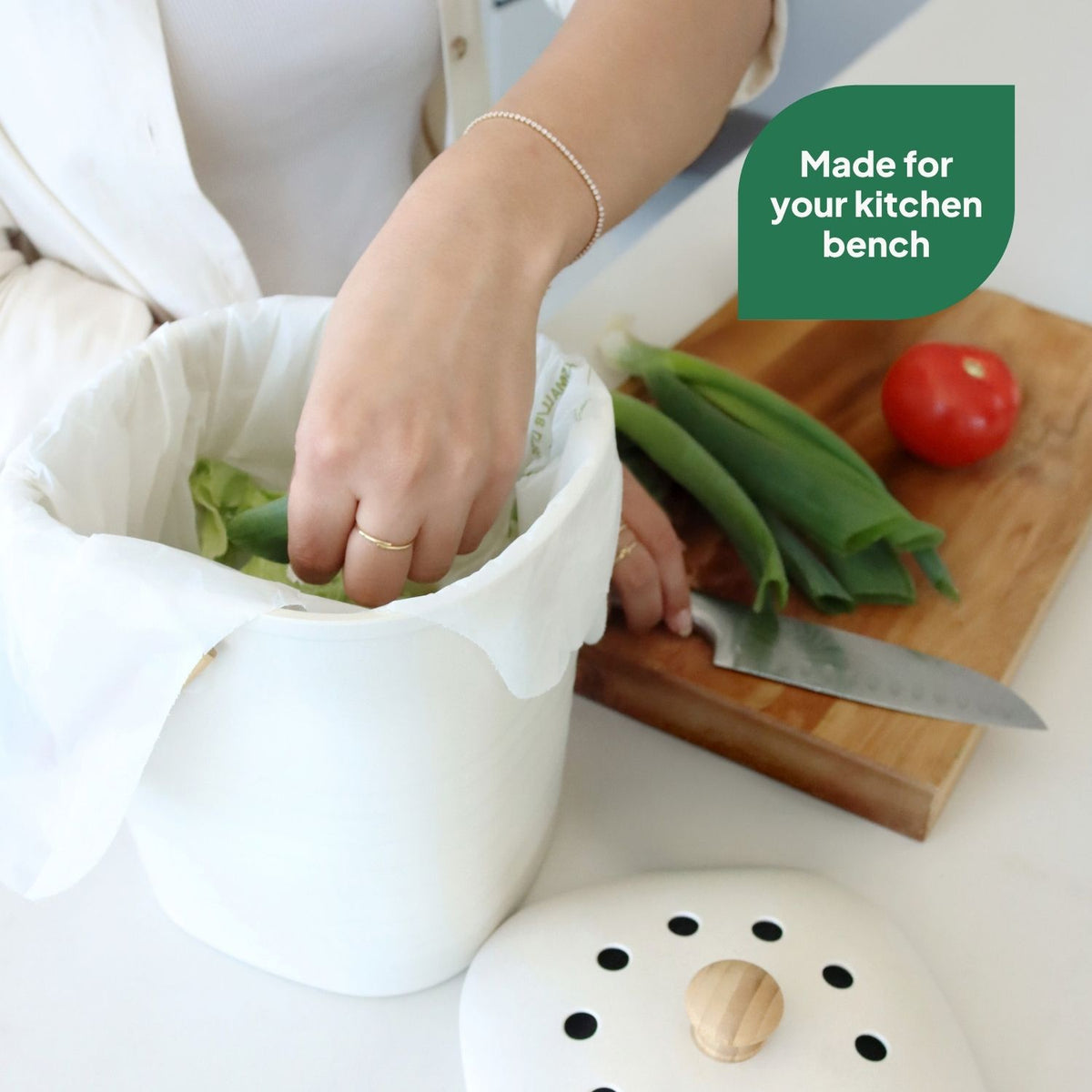 Ecopack Kitchen Bamboo Bench-top Compost Caddy In Use