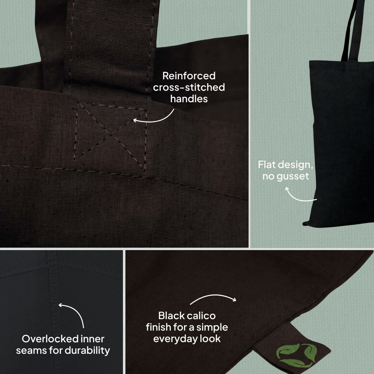 Ecobags black calico promotional tote bag with long handles features