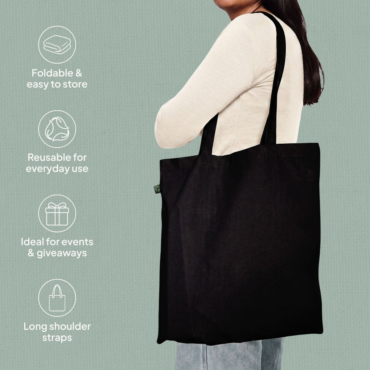 Ecobags black calico promotional tote bag with long handles overview