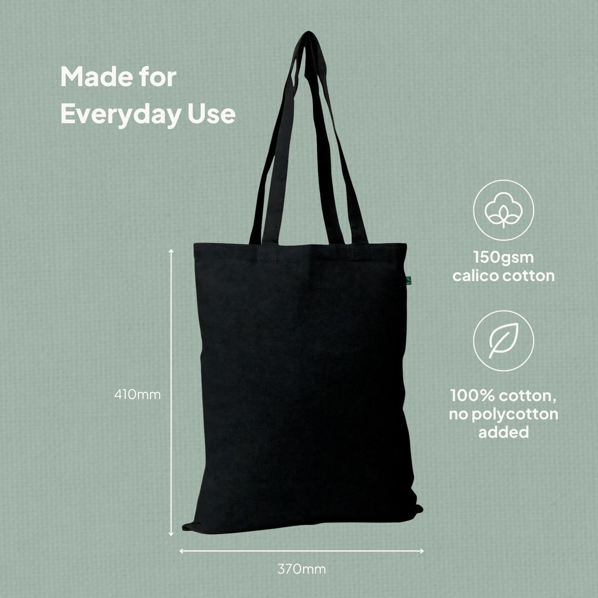 Ecobags black calico promotional tote bag with long handles size