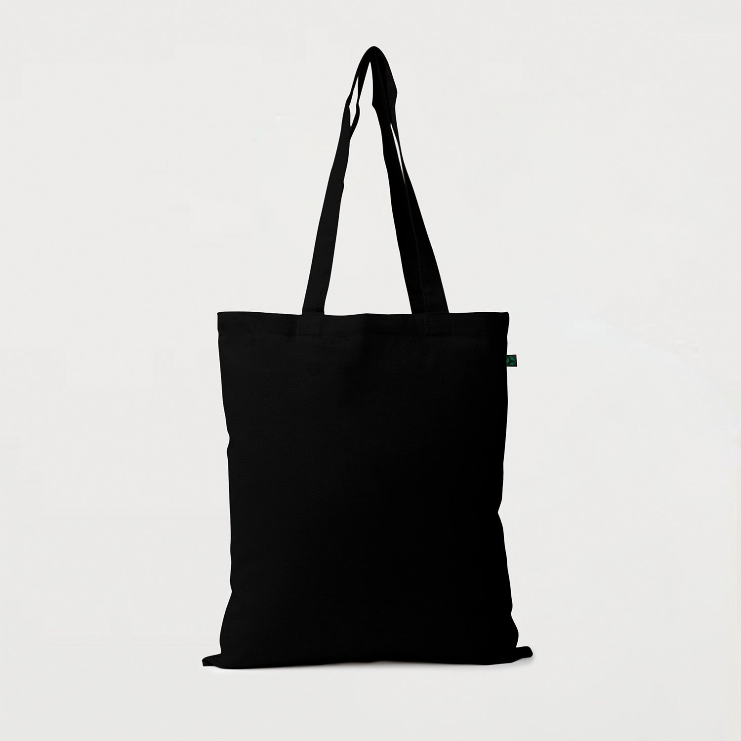 Black calico promotional tote bag with long handles