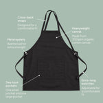 Ecobags Black Organic Cotton Canvas Cross Back Apron Features