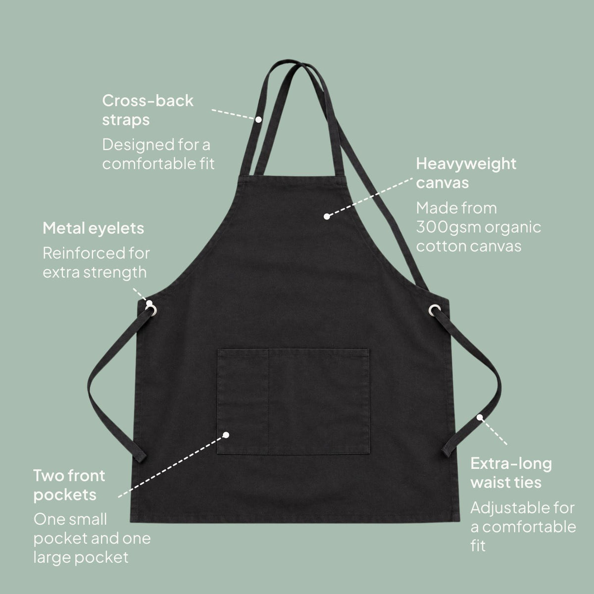 Ecobags Black Organic Cotton Canvas Cross Back Apron Features