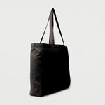 Black calico tote bag with bottom gusset and long handles side view