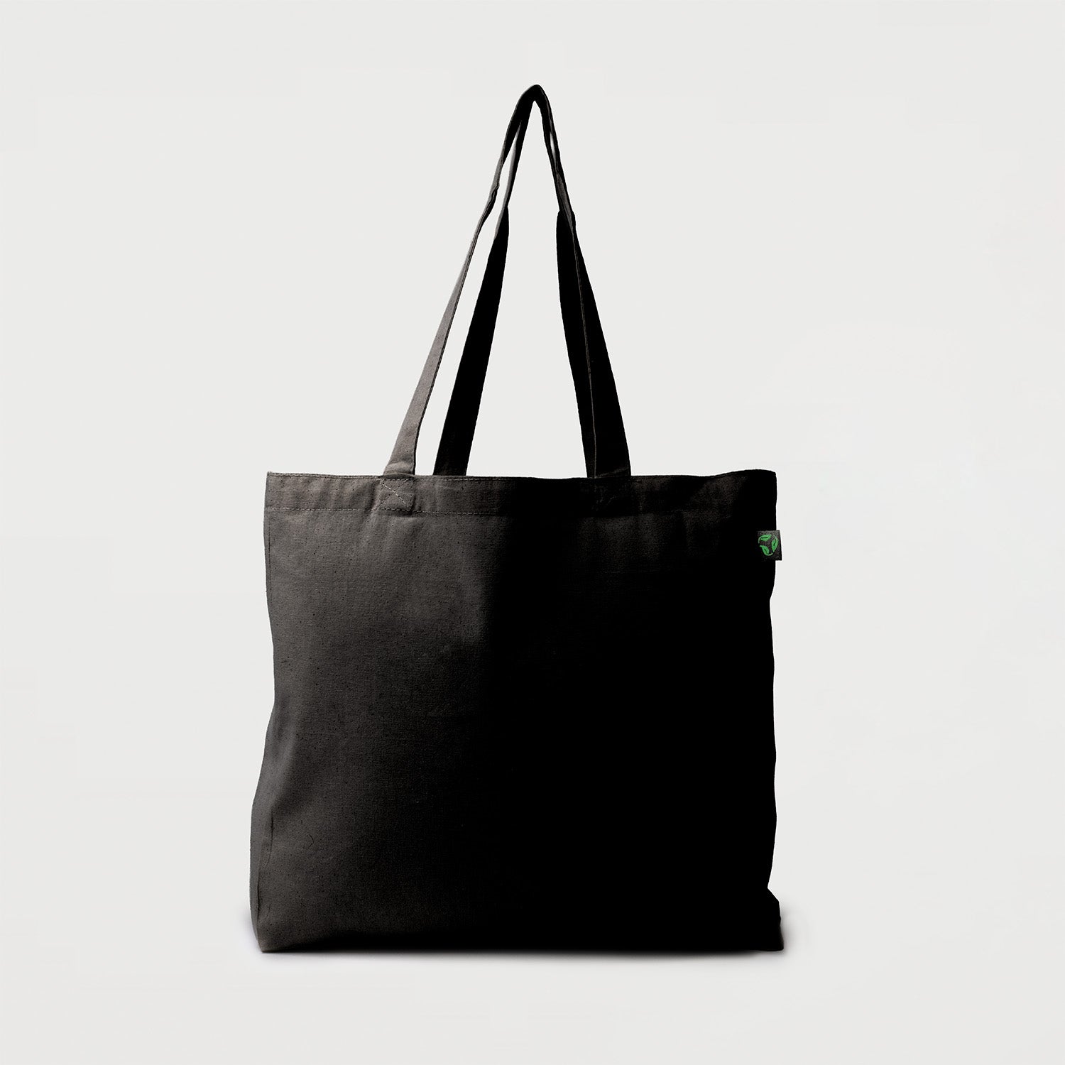 Black calico tote bag with bottom gusset and long handles