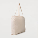 Natural calico tote bag with bottom gusset and long handles side view
